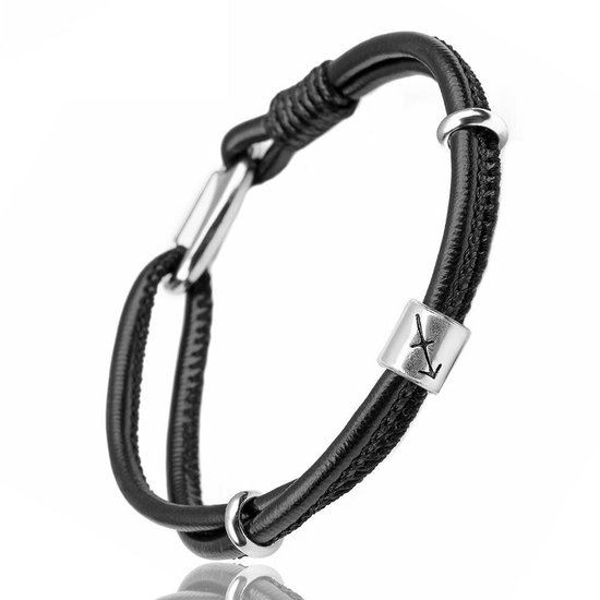 Boogschutter / Sagittarius - Leren Armband met Sterrenbeeld Hanger - Zwart Leer - Staal - Astrologie - Armbanden - Cadeau voor Man - Mannen Cadeautjes