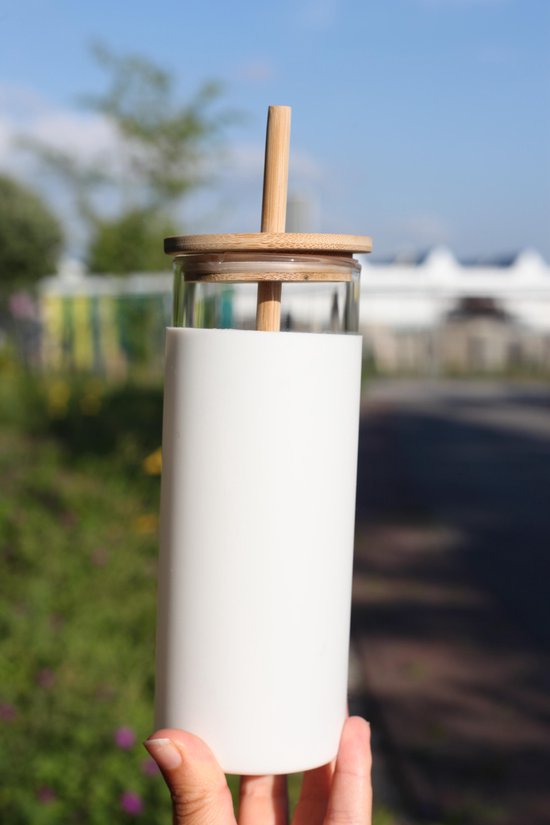 Tenslotte Etna conversie Duurzame Drinkbeker met Rietje en deksel van bamboe - Melkwit - 0,5L -  Smoothie beker... | bol.com