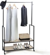 MuCasa®  Modern kledingrek op wielen | zwarte kledingkast | metalen en houten schoenenrek, mobiel ophangrek, karrenkledingrek voor slaapkamer