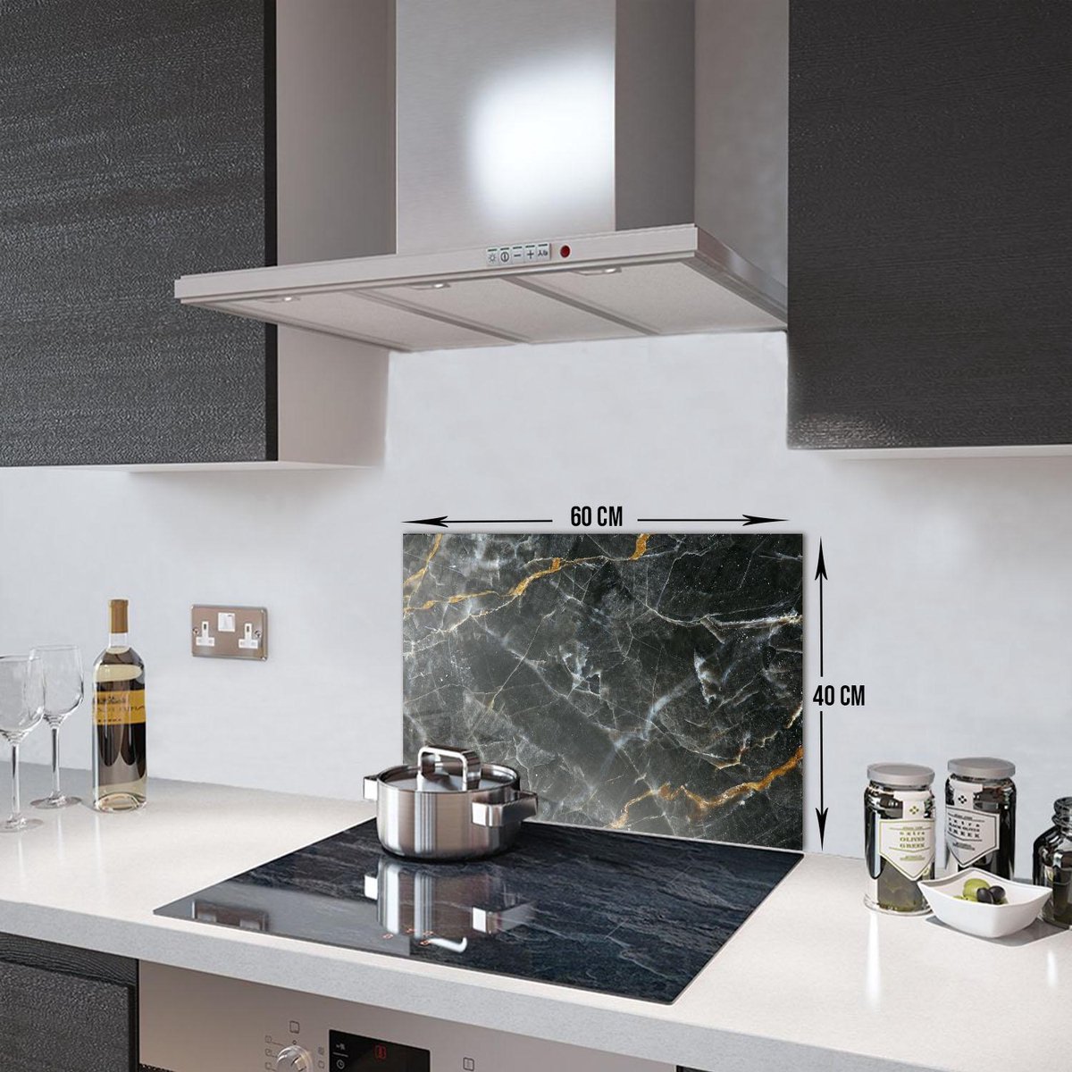 Zwart Marmer Met Bruine Strepen Tempered Glas Spatbescherming Voor Achter de Kookplaat 40cm x 60cm