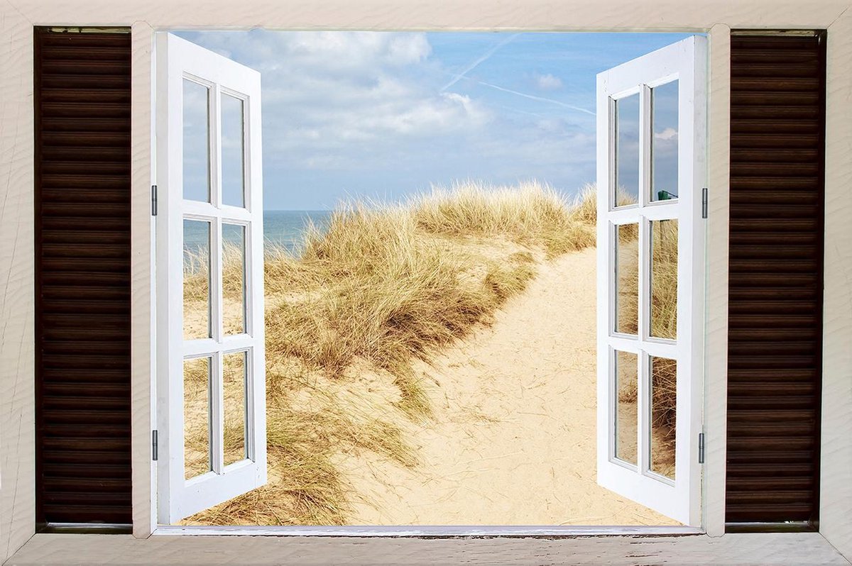 Tuindoek doorkijk openslaand venster naar een Tropisch / Eiland / Strand - 150x100cm - tuinposter - tuinposter doorkijkje – Doorkijk tuinposter - tuinposter doorkijk XL – Tuinposter Voor Buiten