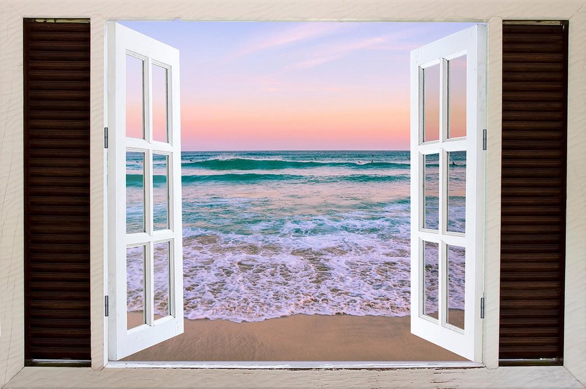 Tuindoek doorkijk door openslaand venster naar een Tropisch / Eiland / Strand - 150x100cm - tuinposter - tuinposter doorkijkje – Doorkijk tuinposter - tuinposter doorkijk XL – Tuinposter buiten met een zee, strand en palmbomen