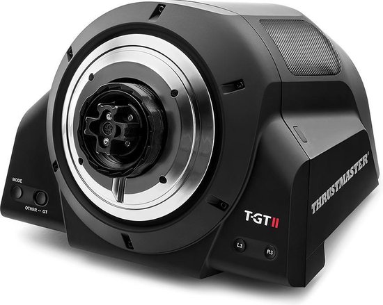 Zwarte racestuur-basis met ventilatieopeningen en het 'T-GT II'-logo. De basis is op een witte achtergrond.