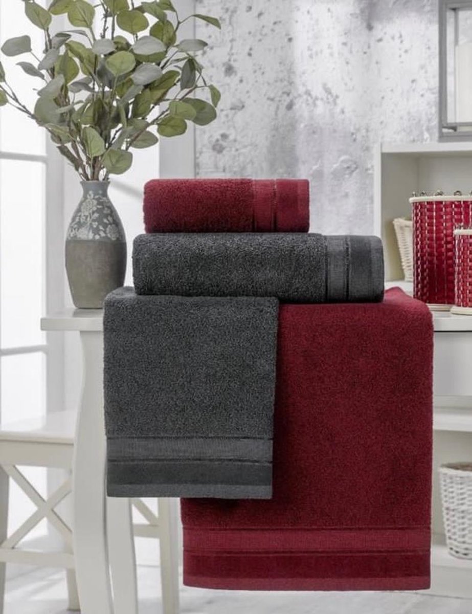 Lubna Home Badhanddoekset Grijs-Rood 100% Katoen 4 Delige badhanddoekset 50x90 cm-70x140 cm ELENA