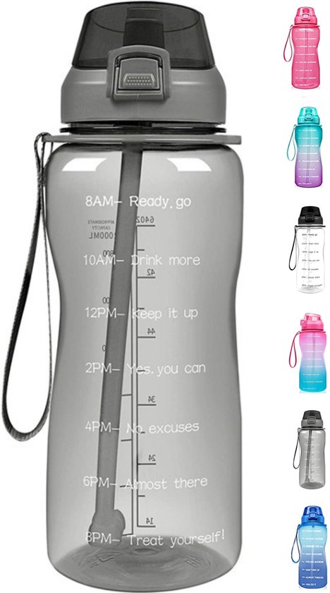 Waterfles - Bidon - Sportdrankfles - Grote waterfles - Rietje - 2 Liter - Lekvrij - Tijdsmarkering - Motivatie Waterfles - Zwart - Merkloos