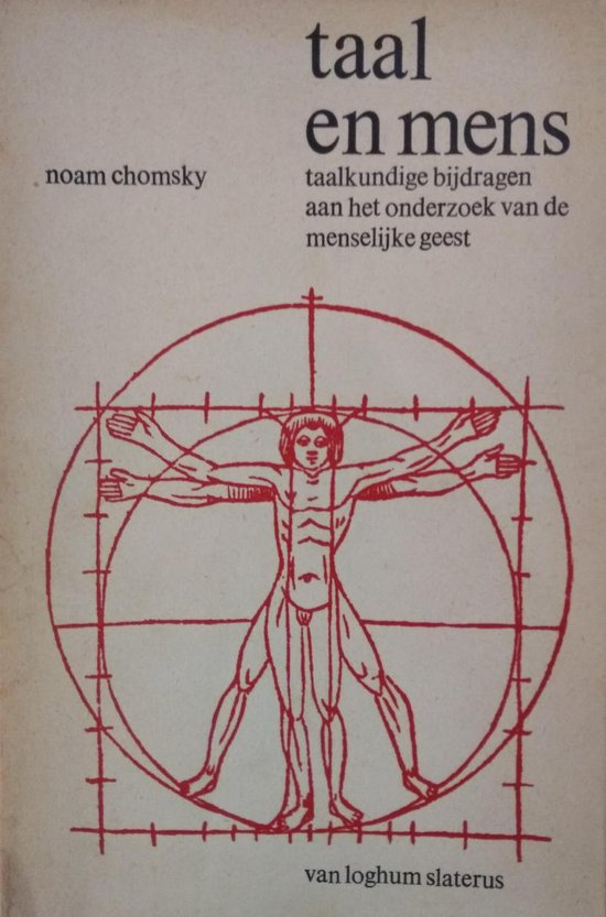Couverture de livre avec un dessin rouge de l'Homme de Vitruve, titre 'taal en mens' et nom d'auteur 'noam chomsky'.