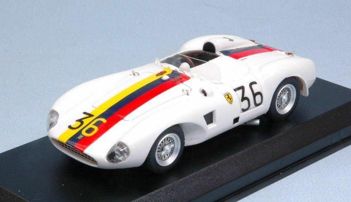 De 1:43 Diecast Modelcar van de Ferrari 625LM Spider #36 van de GP van Venezuela in 1956. De coureur was P. Drogo. De fabrikant van het schaalmodel is Art-Model. Dit model is alleen online verkrijgbaar