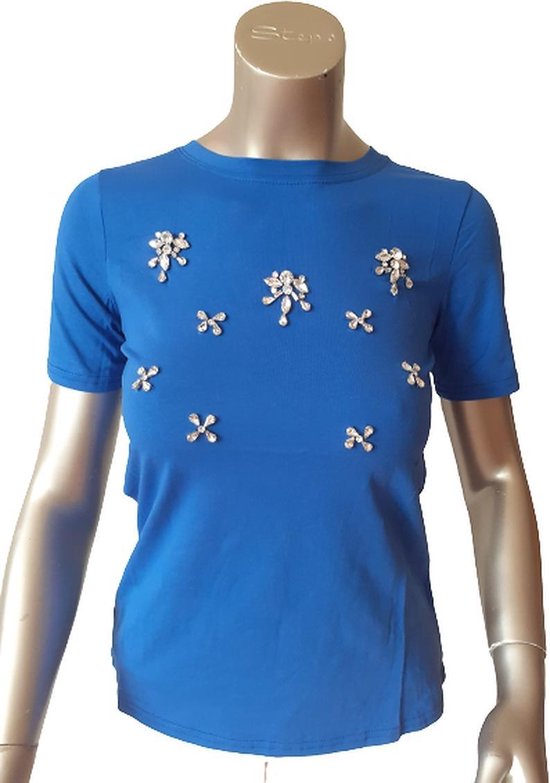 Shirts-femmes-manches courtes- avec pierres artificielles-en forme de fleur-col rond-couleur bleu