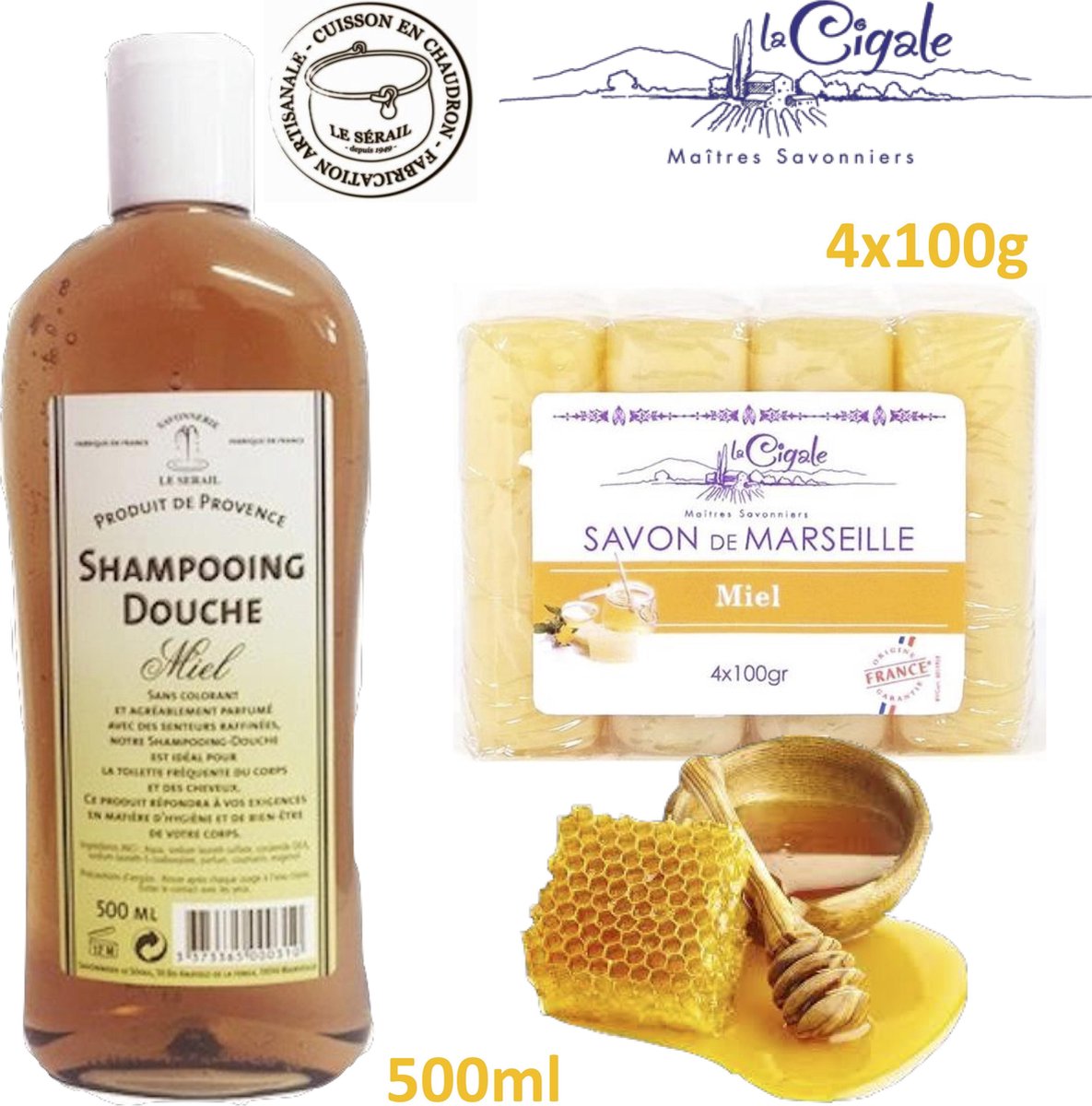 VOORDEEL pakket. HEERLIJK GEURENDE echte honing douche shampoo 500ml van Le Serail. Originele Marseille zeep 4x100g van La Cigale met glycerine en honing. Biologisch ecologisch.