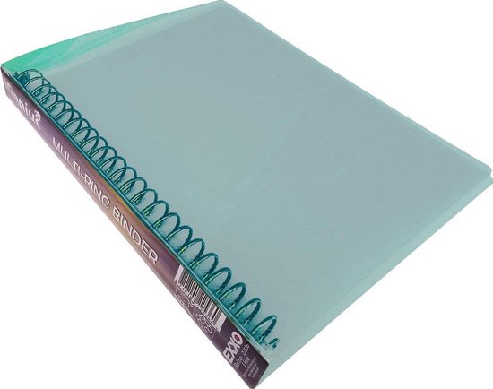 Transparante lichtblauwe map met een groene spiraalbinding en de tekst 'MULTI-RING BINDER'.