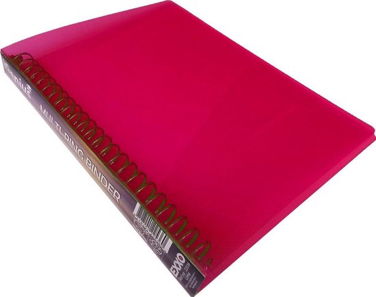 Transparante, fuchsia-kleurige multom van Exxo met een ringbandmechanisme en de tekst 'MULTI-RING BINDER'.