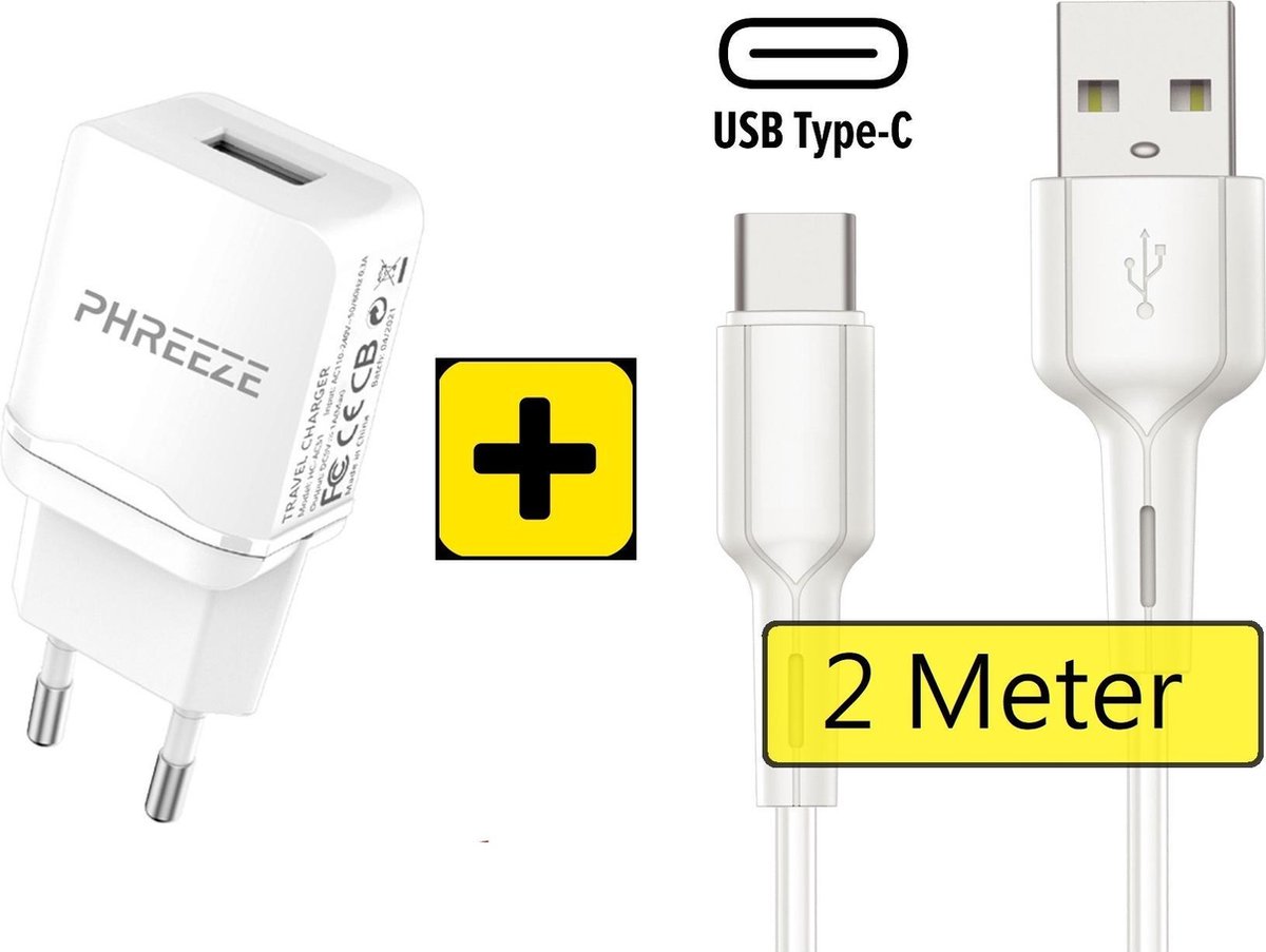 Phreeze 5V 1A usb Adapter met usb C Kabel - 2 Meter - Oplader J1,2,3,4,5,6,7,A5,A7,A24,A02,A03,A04