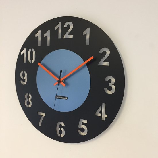 HORLOGE MURALE AMSTERDAM CERCLE BLACK ET BLEU ICE -- POINTEURS ORANGE -- DESIGN HOLLANDAIS MODERNE