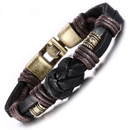 Victorious Leren Armband Heren – RVS Roestvrij Staal Sluiting - Knoop – Bruin/Brons – 22cm