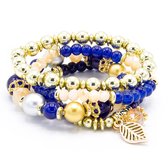 Victorious Set Natuurstenen Kralen Armband Dames – Kristal - Blauw/Goud/Zilver– 17cm