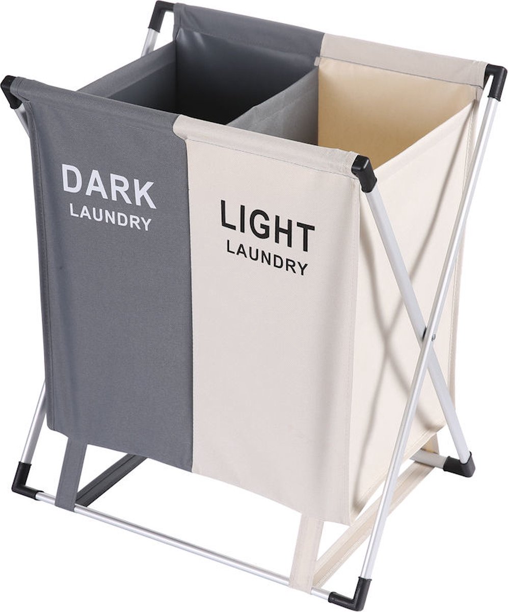 Goedkoopste Wassorteerder - 60 L - Wasmand 2 Vakken - Opvouwbare Wasmanden - Wassorteerder 2 vaks - Aluminium Frame - Grijs - Wit