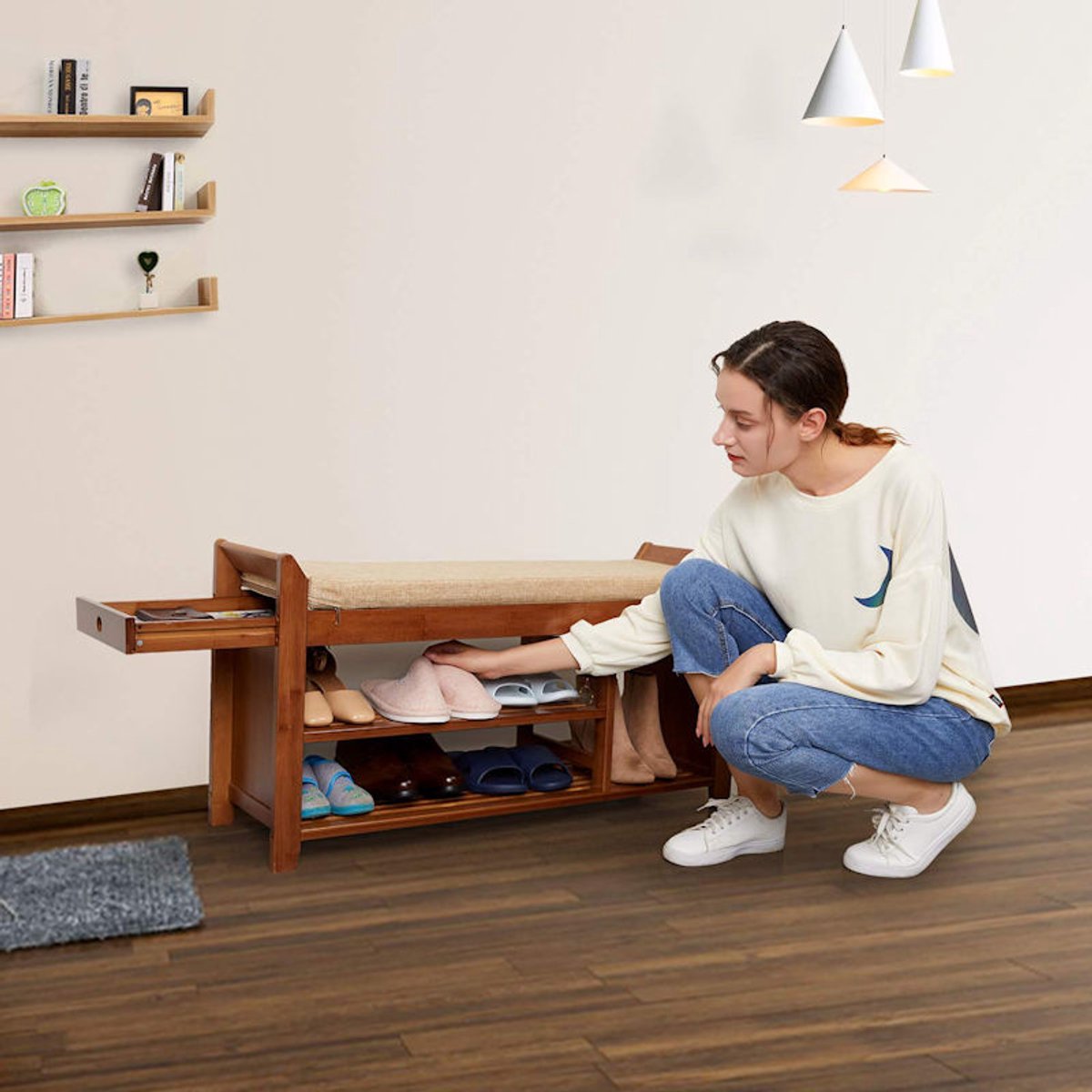 Luxe houten Schoenenbank met Zitkussen en Opbergvak voor paraplu's Opberglade - Voor 6 paar schoenen - Schoenenrek met 2 legplanken en zitkussen - Open schoenenrek met veel opberg ruimte - 78,5