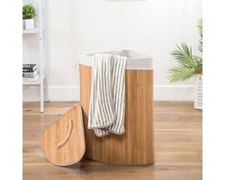 Grote Hoek Bamboe Wasmand met deksel - 100 L - Wasmand 1 Vak met stoffen waszak - Opvouwbaar - Wassorteerder Rond