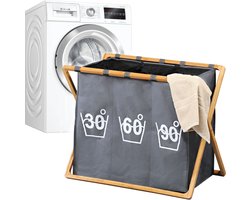 Wassorteerder 3 Vakken - Wasmand FSC® Bamboe houten Frame - Sorteer op 30° 60° 90° - Grote opvouwbare wasmand met 3 Vakken - 141 L