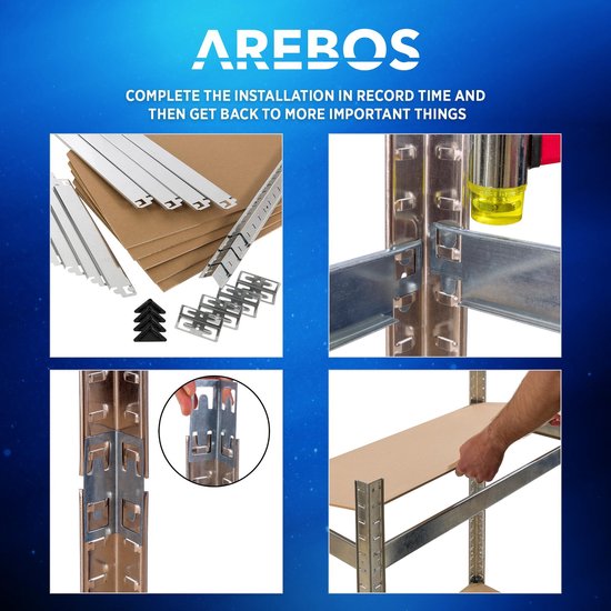 Montage-instructies voor de AREBOS stellingkast, met diverse onderdelen en stappen.
