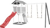 AXI Beach Tower Speeltoestel in Grijs/Wit - Speeltoren met Dubbele Schommel, Rode Glijbaan en Zandbak - FSC hout - Speelhuis op palen voor de tuin