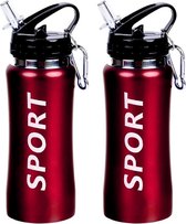 2x Sport Bidon drinkfles/waterfles Sport print rood 420 Ml van Aluminium met karabijnhaak