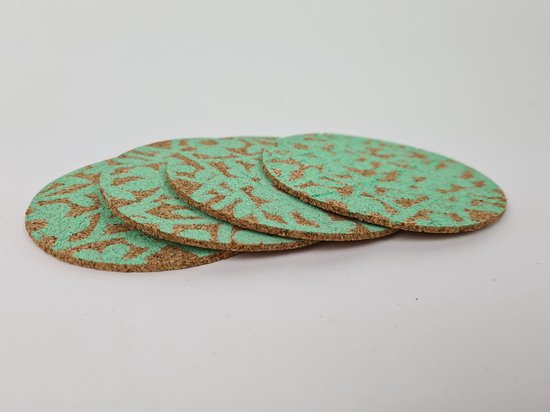 Onderzetters met bloemenprint PAULA - Blauw / Bruin - Rond  - Kurk  - Set van 4