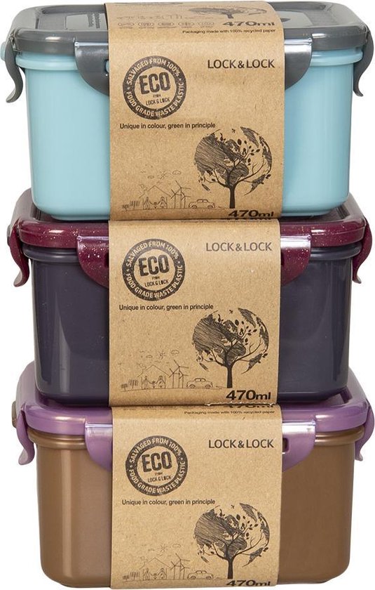 Contenants pour aliments frais Lock & Lock ECO | Boîtes à collation - 470 ml - Durable - Zéro déchet - 100% plastique recyclé - Set de 3 pièces