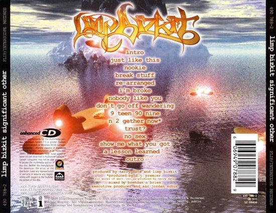 De achterkant van de cd "Significant Other" van Limp Bizkit met de titel van de cd en de tracklist.