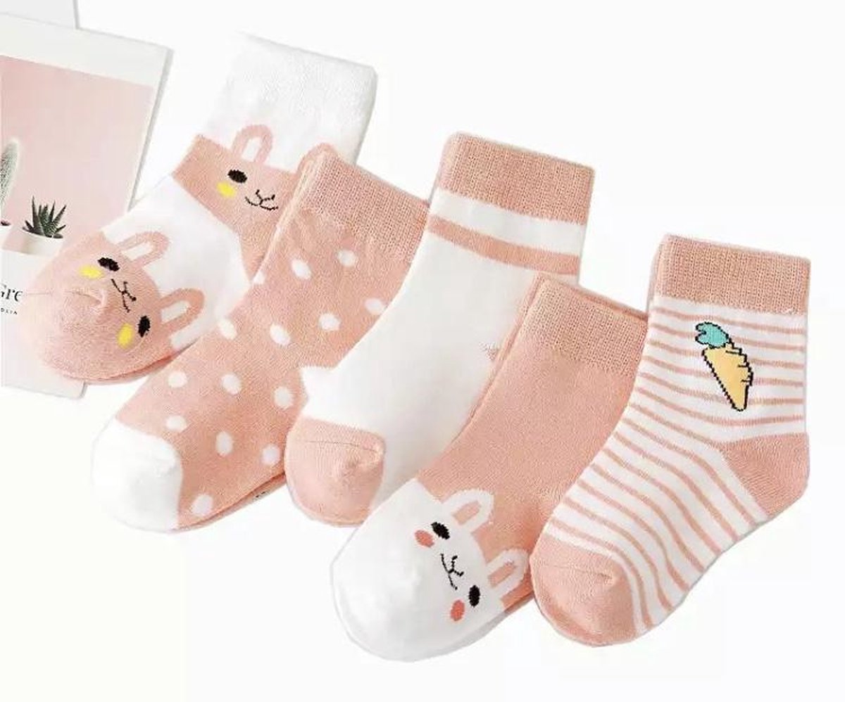 5 paar New born Baby sokken - set babysokjes - 0-6 maanden - Oranje Konijnen sokken - Babysokken - Multipack - Dierensokken - Kraamcadeau voor Jongen of Meisje - Babyshower Cadeau - Kraammand