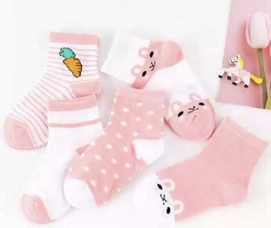 5 paar New born Baby sokken - set babysokjes - 0-6 maanden - roze konijnen sokken - babysokken - multipack - dierensokken