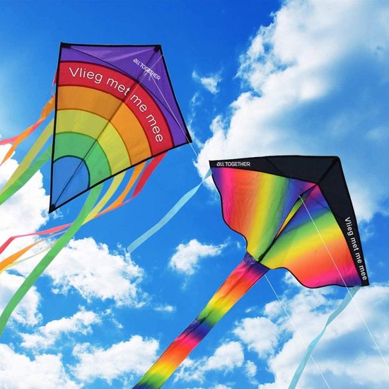 2x Regenboog vliegers met draagtas - Delta vlieger en Diamond vlieger- vliegers voor kinderen -Kite vlieger