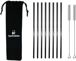 foto van RVS Rietjes Recht - Cocktail Rietjes - Tasteables - Set van 8 - Duurzaam - Herbruikbaar - Reinigingsborstel - 210mm lengte - Zwart