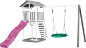 AXI Beach Tower Aire de Jeux avec Toboggan en Violet, Balançoire Nid d'oiseau Vert & Bac à Sable - Grande Maison Enfant extérieur en Gris & Blanc - Cabane de Jeu en Bois FSC