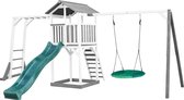 AXI Beach Tower Speeltoestel in Grijs/Wit - Speeltoren met Klimrek, Summer Nestschommel, Groene Glijbaan en Zandbak - FSC hout - Speelhuis op palen voor de tuin