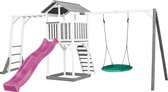 AXI Beach Tower Speeltoestel in Grijs/Wit - Speeltoren met Klimrek, Summer Nestschommel, Paarse Glijbaan en Zandbak - FSC hout - Speelhuis op palen voor de tuin