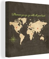 Canvas Wereldkaart - 50x50 - Wanddecoratie Wereldkaart - Liefde - Vintage