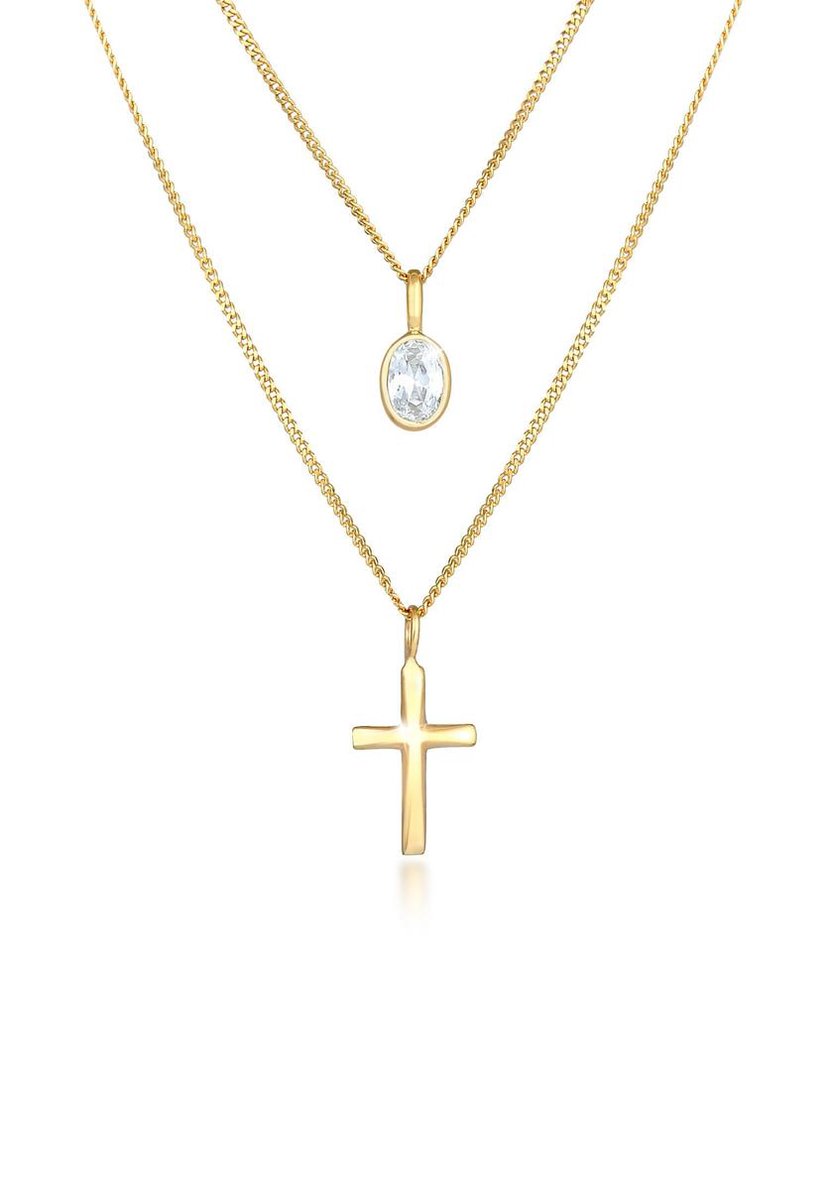 Elli - Halsketting - Dames Laag Kruis Hanger Geloof Trend met Zirkonia Kristallen in 925 Sterling Zilver - Dames