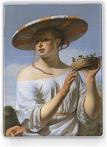 Meisje met een brede hoed - Caesar Boëtius van Everdingen - 19,5 x 26 cm - Niet van echt te onderscheiden schilderijtje op hout - Mooier dan een print op canvas - Laqueprint.