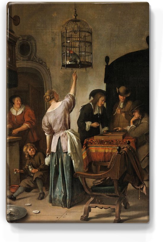 De papegaaiekooi - Jan Havicksz. Steen - 19,5 x 30 cm - Niet van echt te onderscheiden schilderijtje op hout - Mooier dan een print op canvas - Laqueprint.