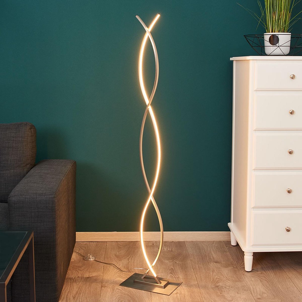 Lindby - LED vloerlamp - 1licht - aluminium, metaal, kunststof - H: 138 cm - mat nikkel, wit - Inclusief lichtbron