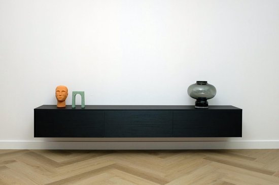 Transparant reservering vertraging Tv meubel zwevend met 3 kleppen, zwart eiken, 180 cm breed | bol.com