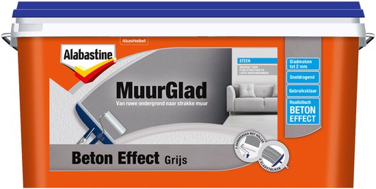 Alabastine MuurGlad Beton Effect Grijs, 5 liter emmer met blauw deksel. Voor een ruwe ondergrond naar strakke muur.