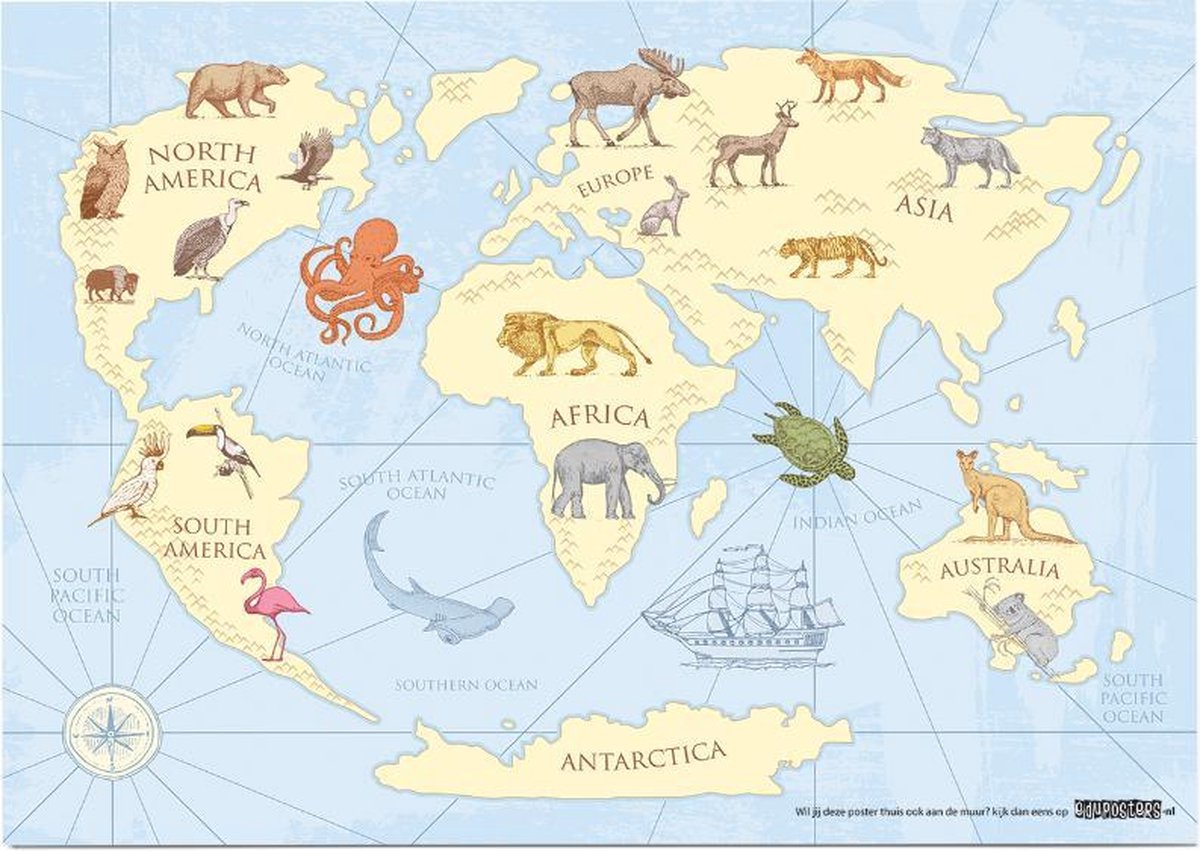 eduposters Educatieve poster (Posterpapier) - Topografie wereld retro - 59.4 x 42 cm (A2) Beige