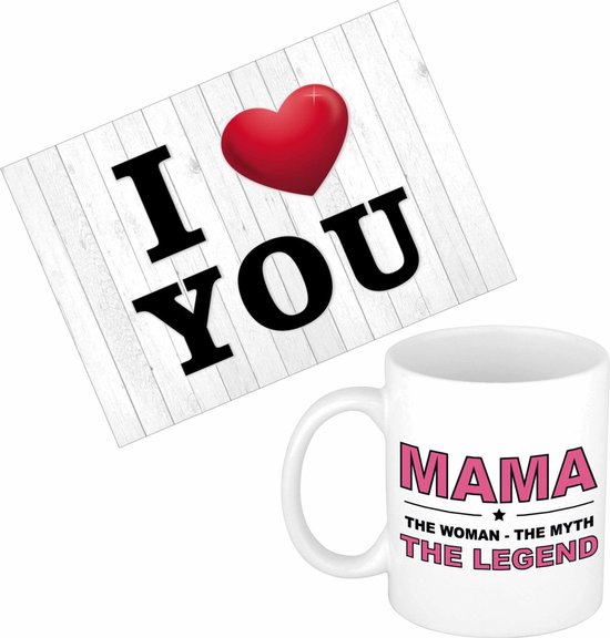 Mama jarig/Moederdag cadeau drink mok/beker + grote I Love you wenskaart(15 x 21 cm)