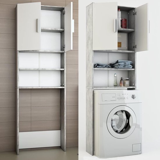 Wasmachinekast met 2 deuren, 68 x 68 x 170 cm, hoge kast voor de badkamer met verstelbare planken en grote opbergruimte, wasmachinekast, ruimtebesparend, walnoot wit