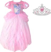 Zeemeermin jurk Prinsessen jurk Deluxe roze + kroon- Maat 104/110 (110) verkleedjurk verkleedkleding