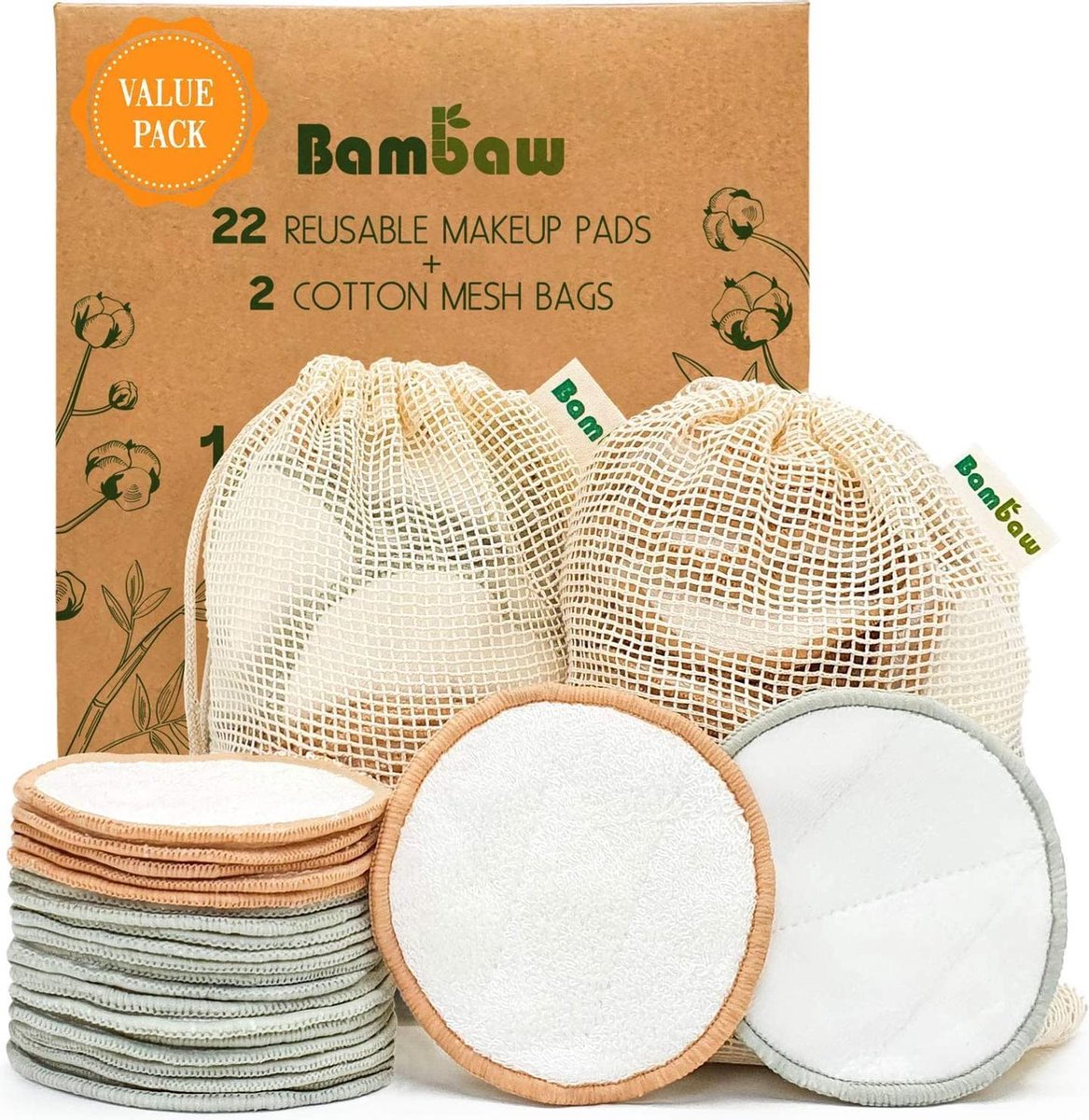 Wasbare Wattenschijfjes | 22 Bamboe Wattenschijfjes met Waszakje | Milieuvriendelijk | Alle Huidtypes | Herbruikbare Wattenschijfjes Bamboe | Zero-Waste Wattenschijfjes | Eco Wattenschijfjes | Bambaw