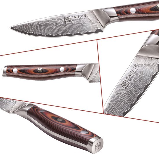 PAUDIN P7 Couteau à Légumes Professionnel 9 cm - Couteau à éplucher - Couteau Japonais - Véritable acier Damas