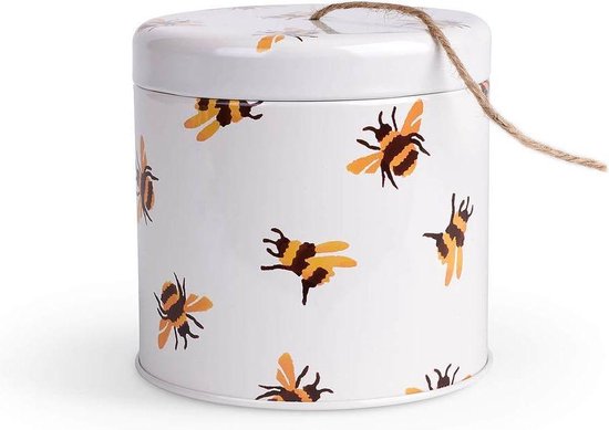 Boîte métallique ronde blanche imprimée de différentes abeilles. Une ficelle est attachée au couvercle.